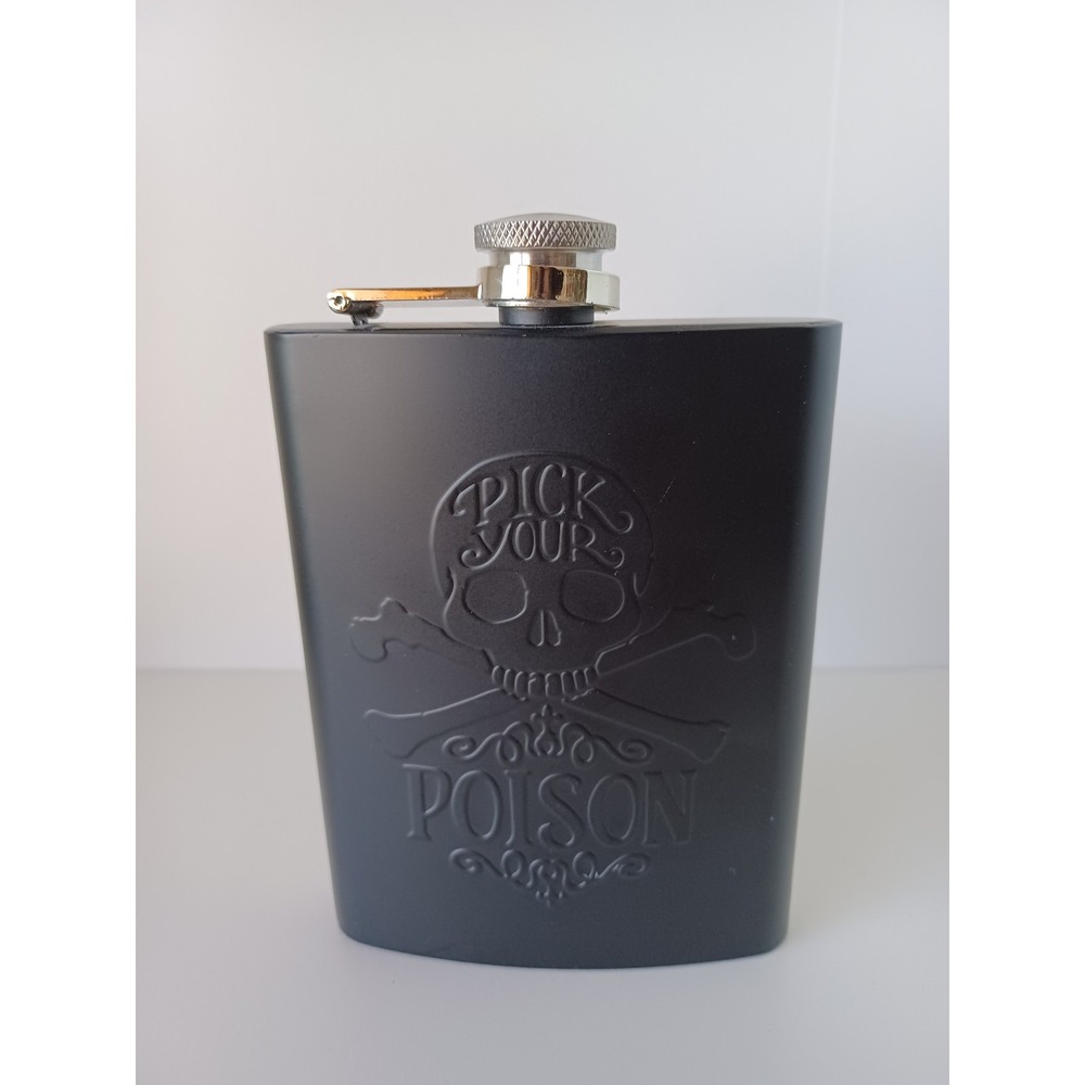 Pick Your Poison Halloween Black Skull Flask Drinkware